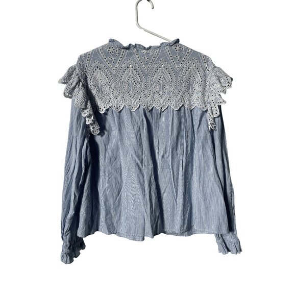 H&M Blouse Size 18 Button Front Long Sleeve Embroidered Lace Striped Blue White - Picture 4 of 12